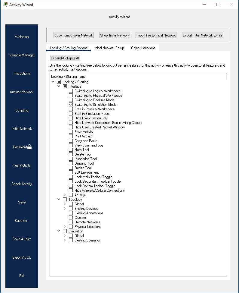 Initial Network panel of Activity Wizard