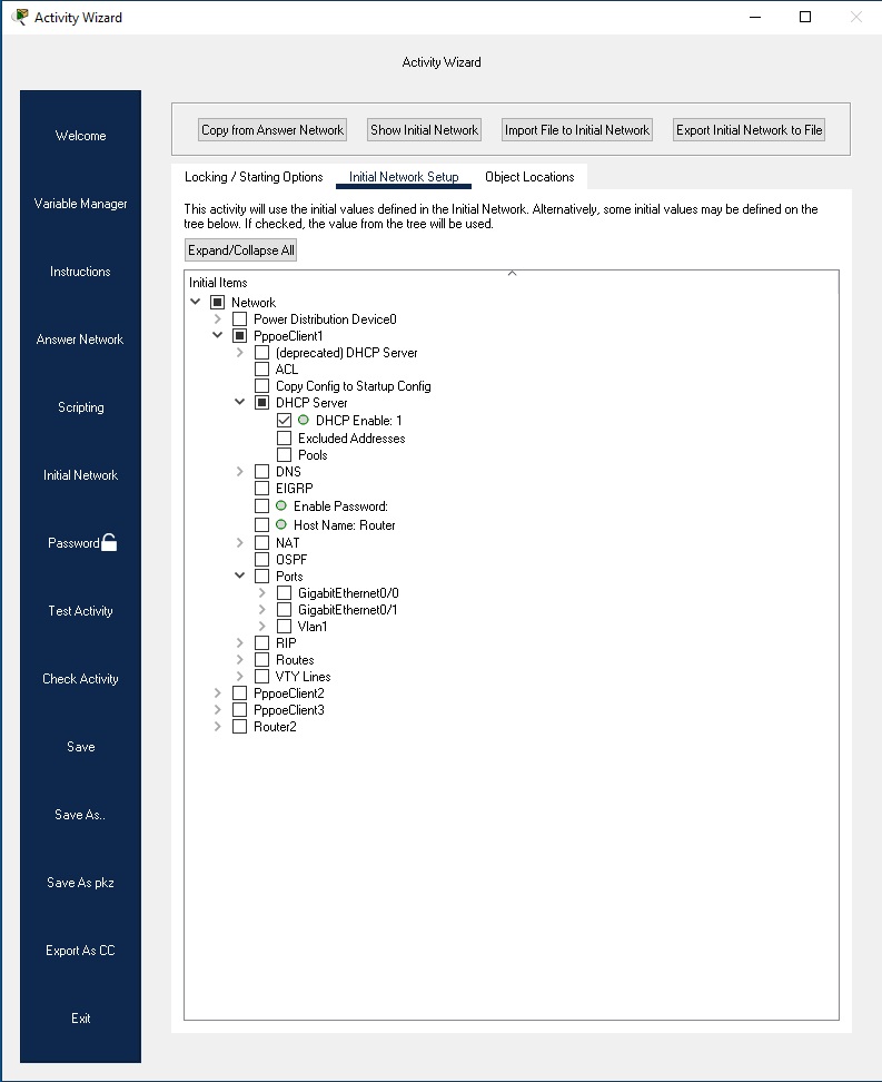 Initial Network Setup tab of Initial Network panel
