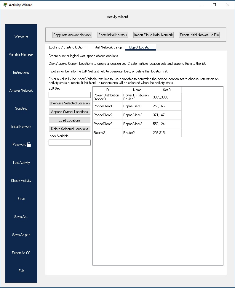 Object Locations tab of Initial Network panel