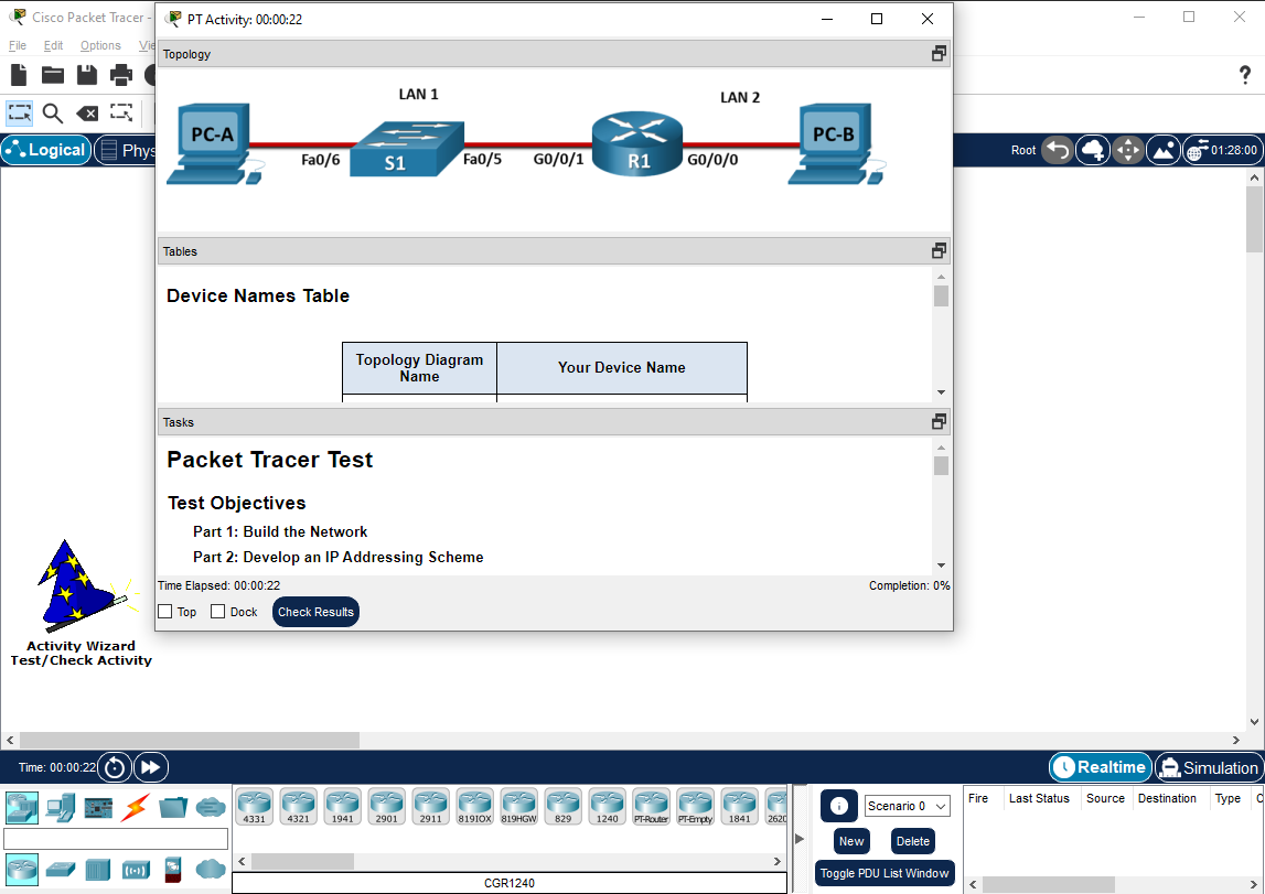 View of the activity while in Test/Check Activity mode