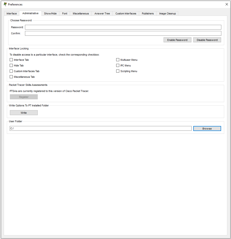 Preferences Window - Administrative Tab