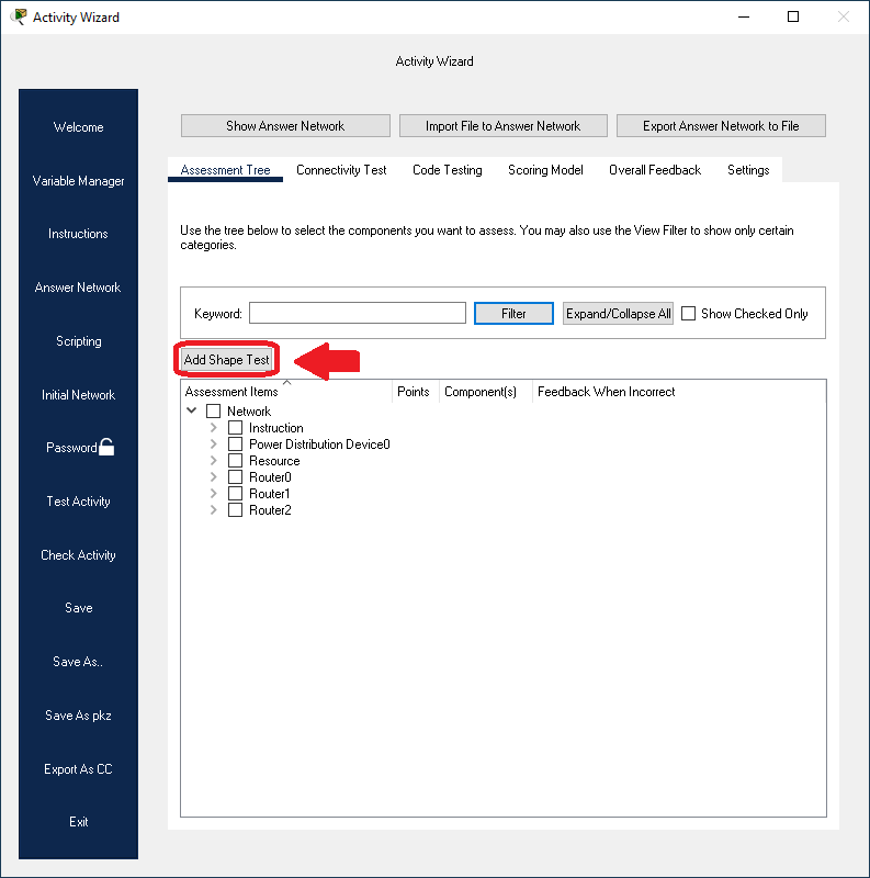 Screenshot of Packet Tracer Activity Wizard Answer Network Assessment Tree tab. The assessment tree contains top level network, second level resource, router 0, router 1, router 2.