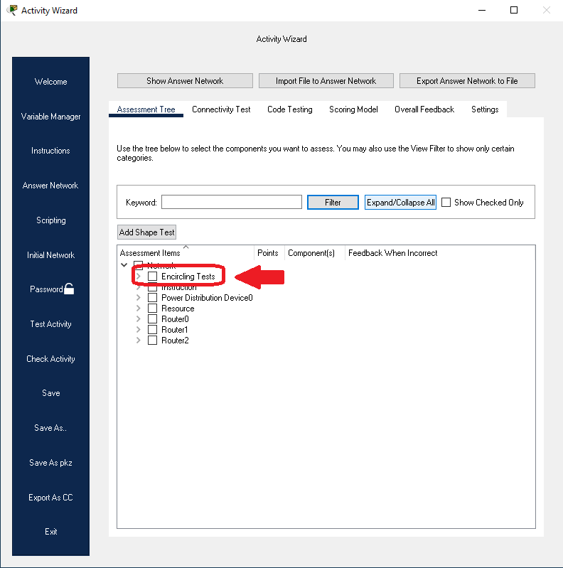 Screenshot of Packet Tracer Activity Wizard Answer Network Assessment Tree tab. The assessment tree contains top level network, second level encircling tests, resource, router 0, router 1, router 2.